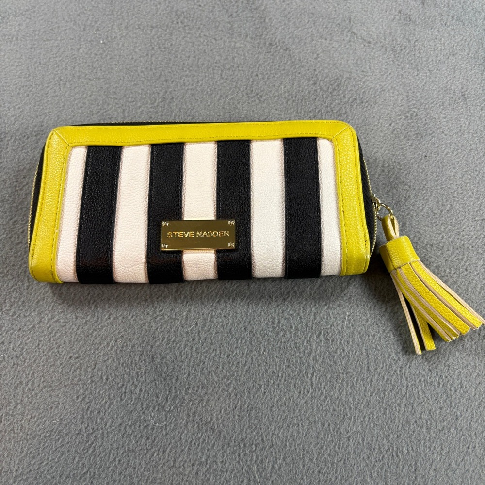 Steve Madden Striped Zip Around Wallet Black White Yellow Tassel Trim